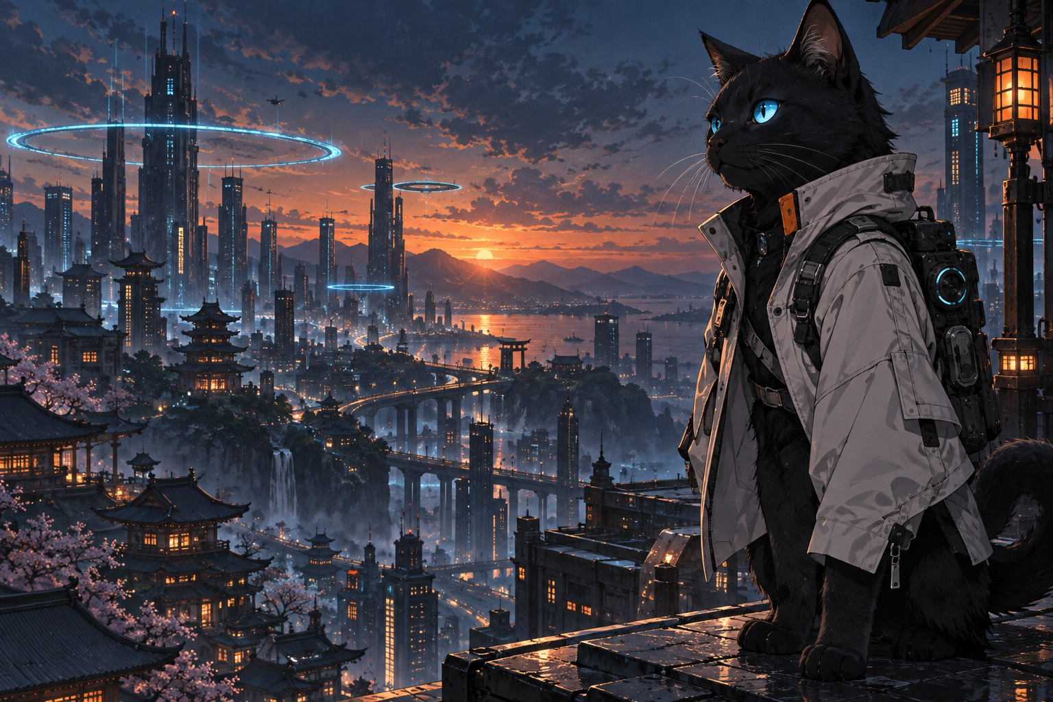 A cyber cat in an ivory technical jacket overlooking a futuristic city